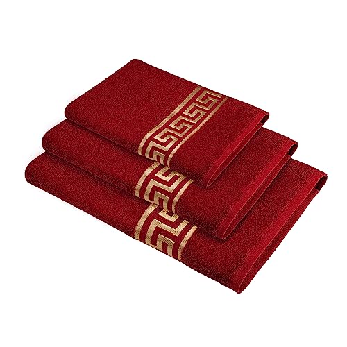 Belle Arti Premium Mäander Handtücher Duschtücher Gästetücher Flauschige Frottee Baumwolle (3er Set - 30x50 + 50x100 + 70x140 cm, rot) von Belle Arti