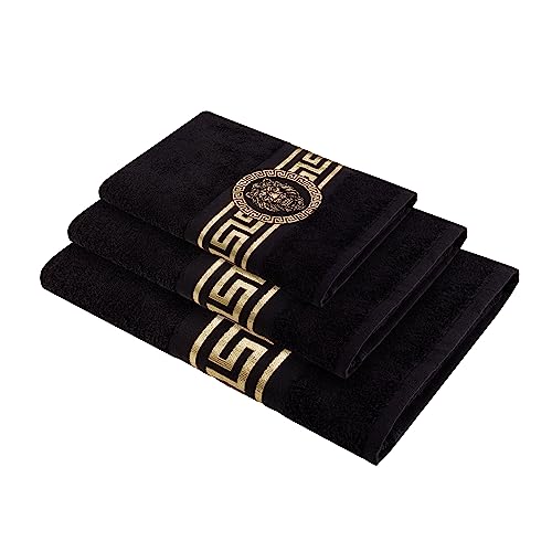 Belle Arti Premium Mäander Löwen & Amphore Handtücher Duschtücher Gästetücher Saunatücher Flauschige Frottee Baumwolle in verschiedenen Größen in Weiss und schwarz (3er Set, schwarz) von Belle Arti