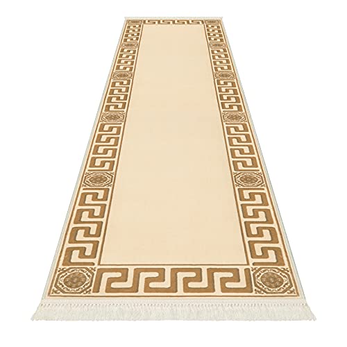 Mäander Flurteppich Teppich Läufer Teppichläufer Flur Schlafzimmer Küche Maänder Muster Kurzflor in Creme Beige mit Fransen - Weich rutschfest Seidenoptik 100% Viskose Öko Tex - beige, 80x200 cm von Belle Arti