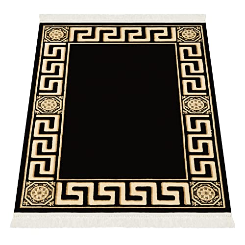 Belle Arti Premium Mäander Teppich Wohnzimmer Schlafzimmer Kurzflor in Schwarz Gold - handgeküpfte Fransen Mäander Bordüre Antirutsch Antiallergisch Seidenglanz 100% Viskose - schwarz, 100x140 cm von Belle Arti