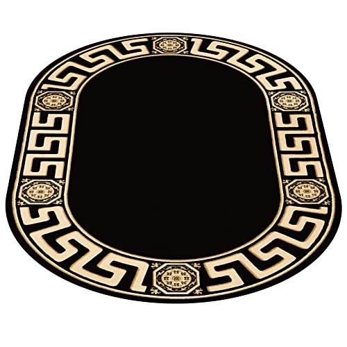 Belle Arti Teppich Oval Wohnzimmer Kurzflor Wohnzimmerteppich Schlafzimmer Flur Mäander Design in schwarz Gold - Weich Antirutsch Seidenglanz - 152x230 cm, Oval von Belle Arti