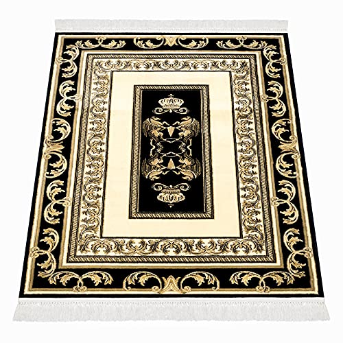 Belle Arti Premium Teppich Kurzflor Kurzflorteppich Wohnzimmer Schlafzimmer Esszimmer in schwarz Gold - Mäander Pegasus Vintage Design Seidenglanz Fransen rutschfest 100% Viskose öko tex - 160x230 cm von Belle Arti