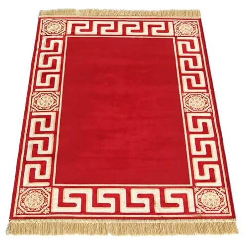 Belle Arti Premium Teppich Kurzflor Kurzflorteppich Wohnzimmerteppich 160x230 Mäander Design in Rot Gold - mit Fransen rutschfest Seidenoptik 100% Viskose öko tex - rot, 160x230 cm von Belle Arti