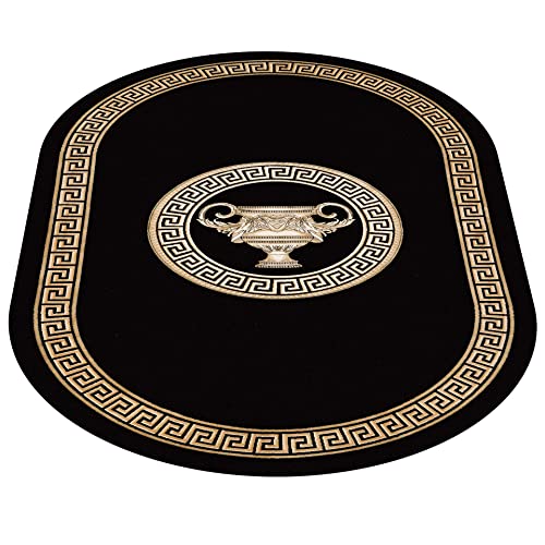 Teppich Oval Wohnzimmer in Schwarz Gold Mäander Amphore Griechisch Muster Schlafzimmer Esszimmer Flur mit Fransen - elegant weich Seidenoptik rutschfest öko tex - schwarz gold, 152x230 cm, Oval von Belle Arti