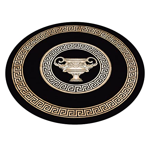 Runder Teppich in schwarz gold 150 Durchmesser Mäander Amphore Muster mit Fransen Wohnzimmer Schlafzimmer Flur Rund - Kurzflor 100% Viskose weich rutschfest öko tex - schwarz gold, 150 cm, Rund von Belle Arti