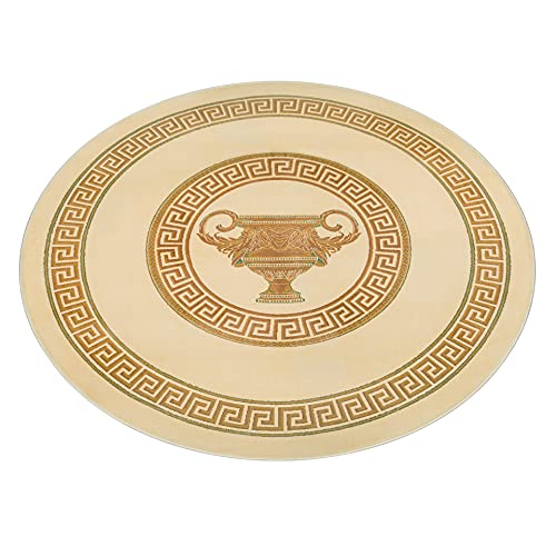 Runder Teppich in beige gold 150 Durchmesser Mäander Amphore Muster mit Fransen Wohnzimmer Schlafzimmer Flur Rund - Kurzflor 100% Viskose weich rutschfest öko tex - creme beige, 150 cm, Rund von Belle Arti