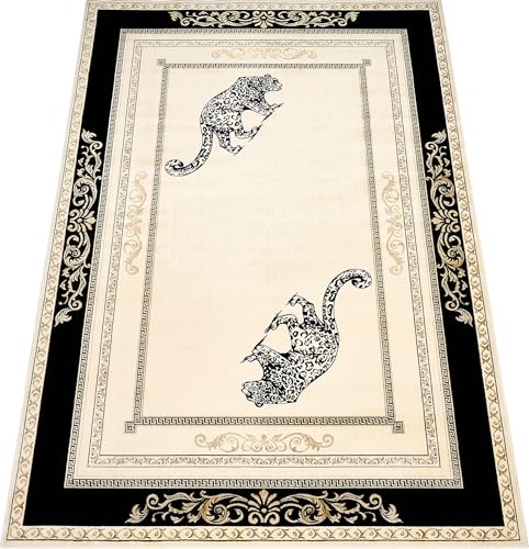 Belle Arti Teppich Wohnzimmer Schlafzimmer Esszimmer Wohnzimmerteppich Kurzflor in Schwarz Gold Tiermotiv Jaguar Muster - rutschfest, antiallergisch, 100% Viskose (200 x 280 cm, Rechteckig) von Belle Arti