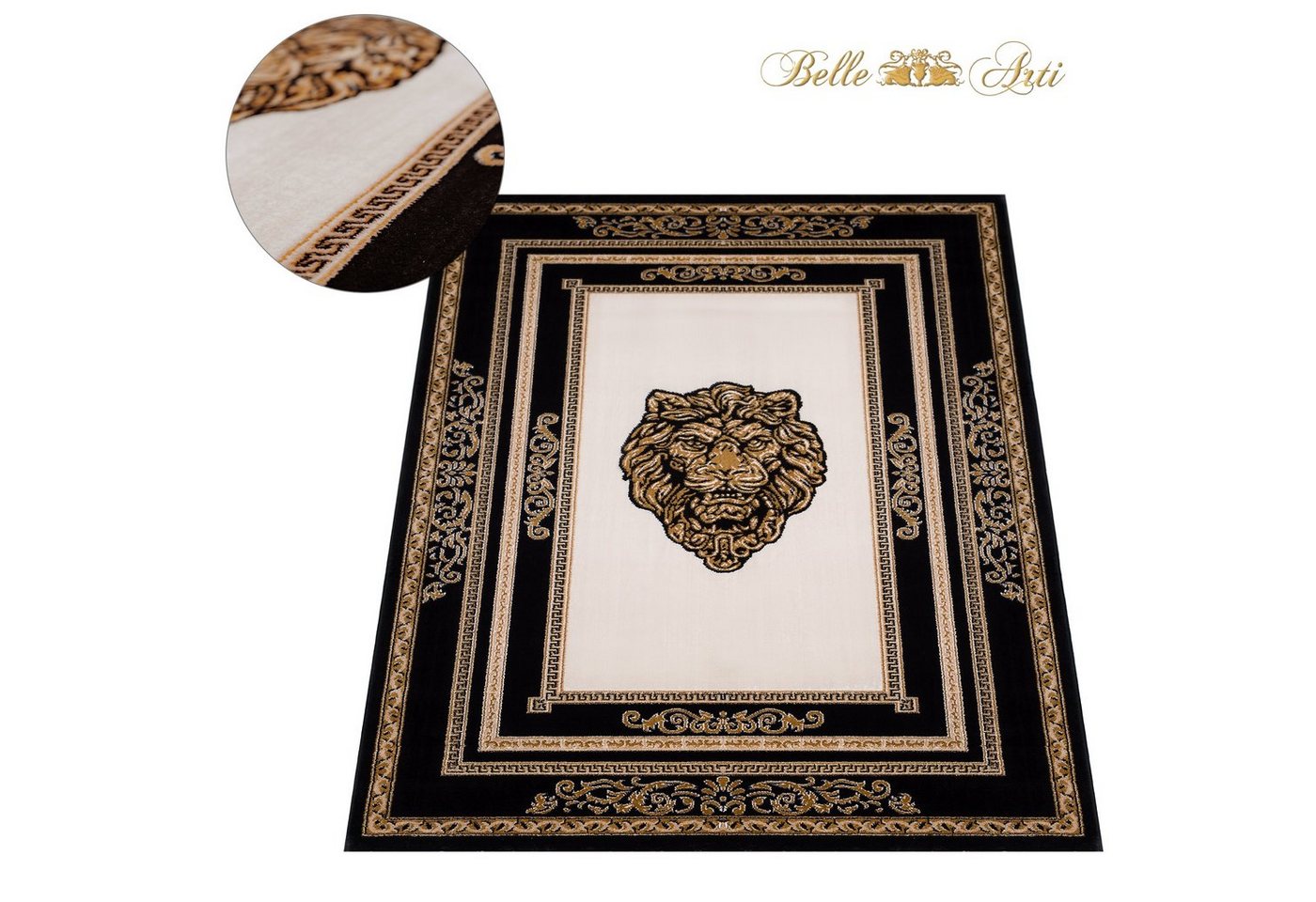 Belle Arti Teppich Teppich Wohnzimmer Wohnzimmerteppich Löwenkopf Löwe Motiv schwarz gold, Kurzflor, Anti-Rutsch, orientalisch, Mäander Muster, Seidenoptik von Belle Arti