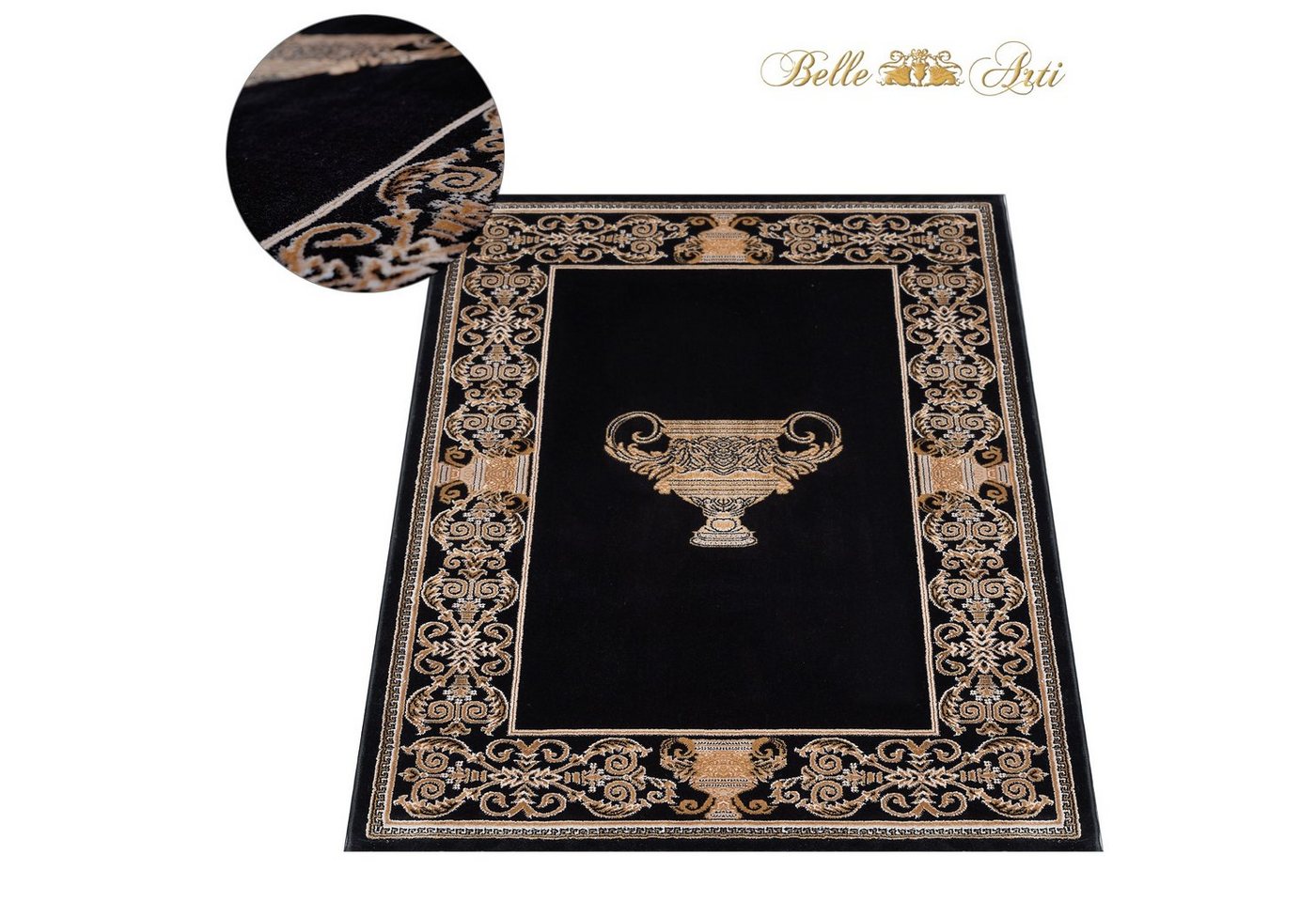 Designteppich Teppich Wohnzimmer Wohnzimmerteppich schwarz gold Amphore, Belle Arti, 100 % Polyester, Designerteppich, Schlafzimmer, Esszimmer, kurzflor von Belle Arti