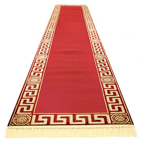 Mäander Flurteppich Teppich Läufer Teppichläufer Flur Schlafzimmer Küche Maänder Muster Kurzflor in Rot Gold mit Fransen - Mäander Design Antirutsch Seidenoptik 100% Viskose Öko Tex - rot, 80x300 cm von Belle Arti
