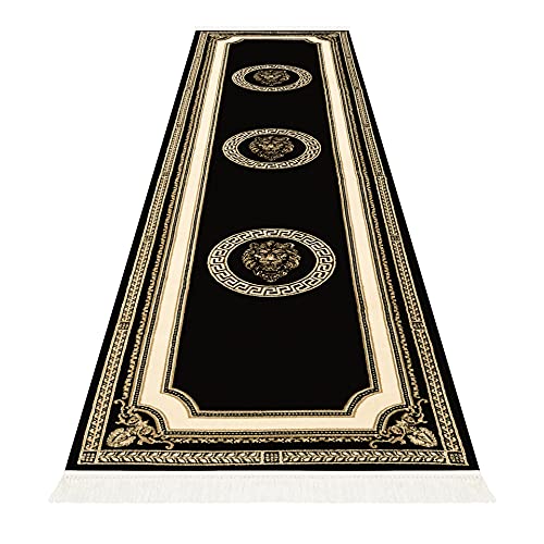 Premium Flur Teppich Läufer Flurläufer Teppichläufer Flur Schlafzimmer Küche Eingansbereich Löwe Mäander Design in Schwarz Gold - Kurzflor rutschfest weich flauschig öko tex 100% Viskose - 80x400 cm von Belle Arti