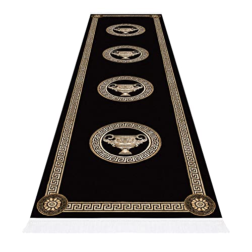 Premium Flur Teppich Läufer Teppichläufer in Schwarz Gold Mäander Amphore Muster mit Fransen Flur Schlafzimmer Wohnzimmer lang - Kurzflor Flauschig Antirutsch Seidenoptik 100% Viskose - 80x400 cm von Belle Arti