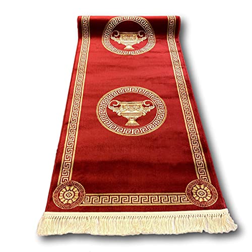 Premium Flur Teppich Läufer Teppichläufer in rot gold Mäander Amphore Muster mit Fransen Flur Schlafzimmer Wohnzimmer lang - Kurzflor Flauschig Antirutsch Seidenoptik 100% Viskose - rot, 80x400 cm von Belle Arti