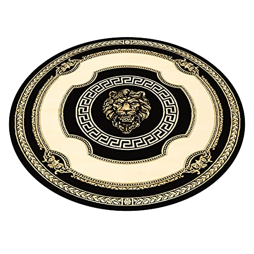 Premium Runder Designer Teppich Wohnzimmer Schlafzimmer Rund Kurzflor in Schwarz Gold 200 Durchmesser Löwe Mäander Design - Anti-Rutsch antiallergisch weich flauschig 100% Viskose - 200x200, Rund von Belle Arti