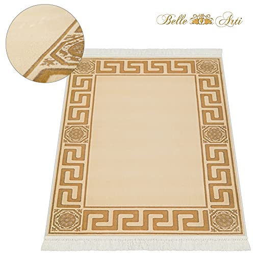 Premium Teppich Kurzflor Kurzflorteppich Wohnzimmerteppich 160x230 Mäander Design in Creme Beige - mit Fransen rutschfest Seidenoptik 100% Viskose öko tex - beige, 160x230 cm von Belle Arti