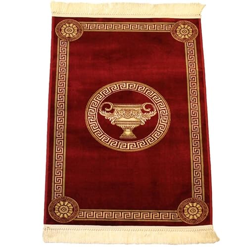 Premium Teppich Mäander Amphore Muster Wohnzimmer Schlafzimmer Kurzflor in rot gold - handgeküpfte Fransen Mäander Bordüre Antirutsch Antiallergisch Seidenglanz 100% Viskose - rot, 67x105 cm von Belle Arti