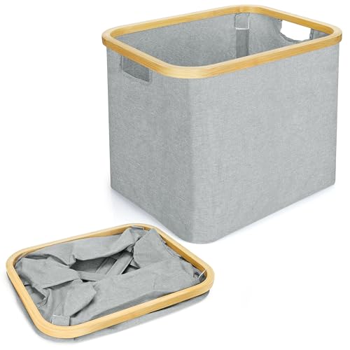 Belle Vous faltbarer Wäschekorb mit Bambusrahmen - Aufbewahrungsbox mit 44L Volumen - Wäschesack faltbar mit Tragegriffen - Wäschebox Laundry Basket und Organizer - Grau von BELLE VOUS