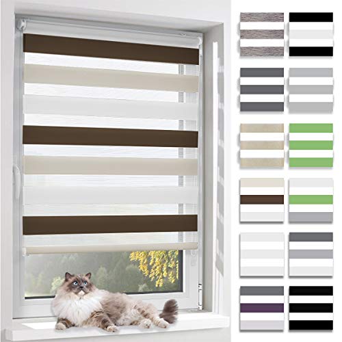 BelleMax Doppelrollo Klemmfix ohne Bohren & mit Bohren (75x120cm Weiß Creme Braun) Duo Rollo, Sonnenschutz lichtdurchlässig Blickdicht, Klemmrollo Fensterrollo, Rollos für Fenster und Tür von BelleMax