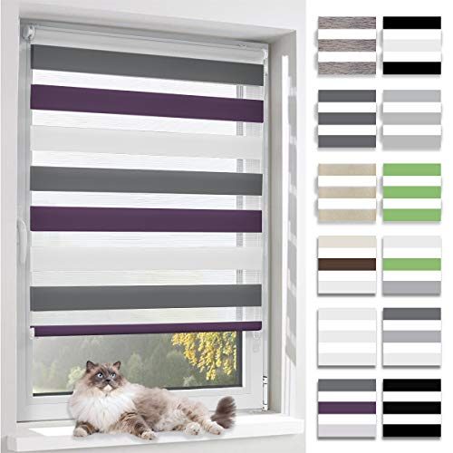 BelleMax Doppelrollo Klemmfix ohne Bohren & mit Bohren, Weiß Lila Anthrazit 90x150cm (BxH), Duo Rollo, Sonnenschutz lichtdurchlässig Blickdicht, Klemmrollo Fensterrollo, Rollos für Fenster und Tür von BelleMax