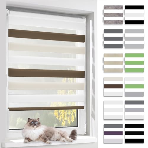 BelleMax Doppelrollo Klemmfix ohne Bohren & mit Bohren, 40x120cm(BxH), Weiß Creme Braun, Duo Rollo, Sonnenschutz lichtdurchlässig Blickdicht, Klemmrollo Fensterrollo, Rollos für Fenster und Tür von BelleMax