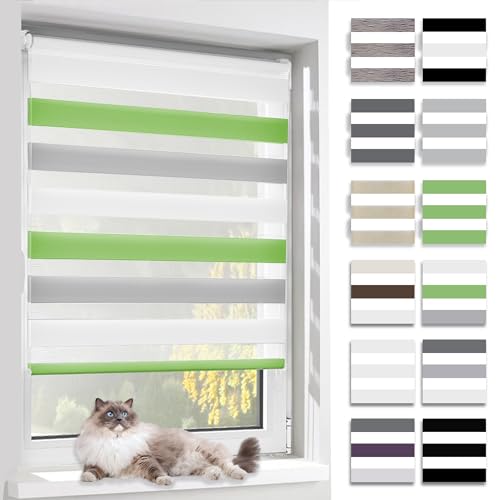 BelleMax Doppelrollo Klemmfix ohne Bohren & mit Bohren, 45x120cm(BxH), Weiß Grau Grün, Duo Rollo, Sonnenschutz lichtdurchlässig Blickdicht, Klemmrollo Fensterrollo, Rollos für Fenster und Tür von BelleMax