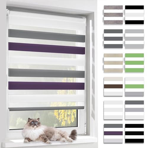 BelleMax Doppelrollo Klemmfix ohne Bohren & mit Bohren, 50x140cm(BxH), Weiß Lila Anthrazit, Duo Rollo, Sonnenschutz lichtdurchlässig Blickdicht, Klemmrollo Fensterrollo, Rollos für Fenster und Tür von BelleMax