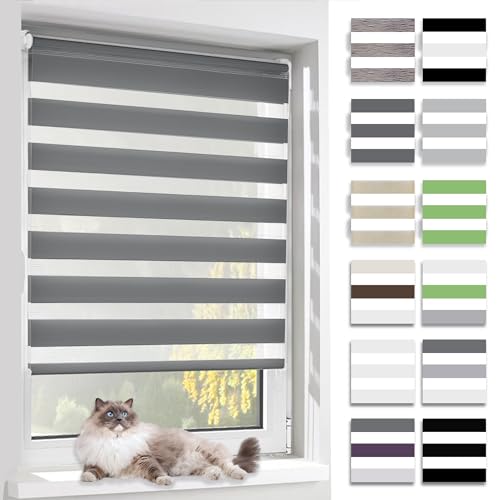 BelleMax Doppelrollo Klemmfix ohne Bohren & mit Bohren, 90x120cm(BxH), Dunkelgrau, Duo Rollo, Sonnenschutz lichtdurchlässig Blickdicht, Klemmrollo Fensterrollo, Rollos für Fenster und Tür von BelleMax