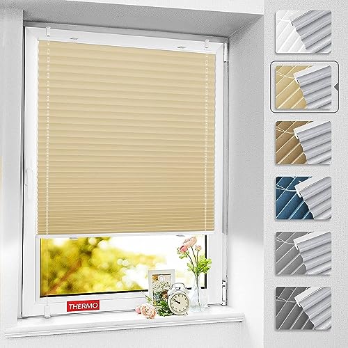 BelleMax Plissee ohne Bohren verdunkelung, Thermo Plisseerollo Klemmfix, Hellbeige 100x120cm(BxH), Verdunklungsplissee 100% lichtundurchlässig für Fenster, Blickdicht Sichtschutz Sonnenschutz von BelleMax