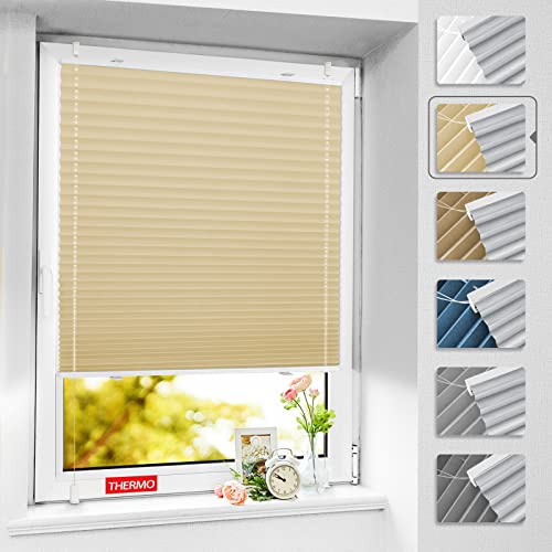 BelleMax Plissee ohne Bohren verdunkelung, Thermo Plisseerollo Klemmfix, 55x120cm Hellbeige, Verdunklungsplissee 100% lichtundurchlässig für Fenster & Tür, Plissee Blickdicht Sichtschutz Sonnenschutz von BelleMax