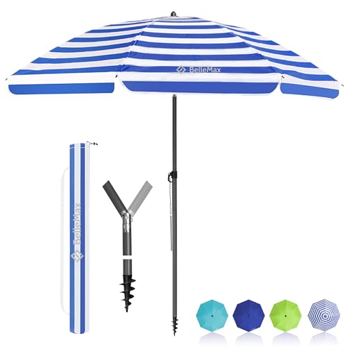 BelleMax Sonnenschirm Strand 160 cm Blaue weiße Streifen Strandschirm mit Bodenhülse & Schutzhülle Sonnenschirm klein 30° knickbar Rund Gartenschirm Marktschirm Sonnenschutz UV50+ von BelleMax