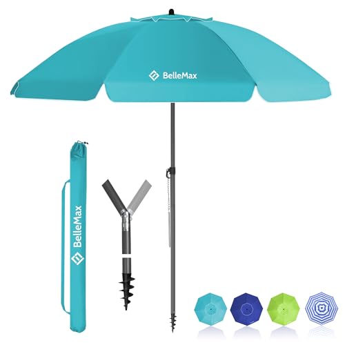 BelleMax Sonnenschirm Strand Windfest Stabil mit Bodenhülse & Schutzhülle 30° knickbar Sonnenschirm klein Rund Strandschirm Gartenschirm Marktschirm Sonnenschutz UV50+ Türkis 180cm von BelleMax