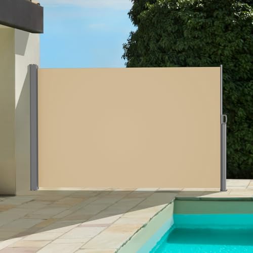 【Breiter 20 cm】 BelleMax Seitenmarkise ausziehbar, 160x350+20cm, Wandmakise Sichtschutz Sonnenschutz Windschutz, Seitenrollo für Terrasse, Garten, Khaki von BelleMax