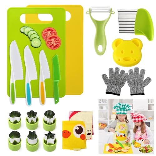 BelleStyle Kinder Küchenmesser Set, 18 Teiliges Sicherheit Kochmesser zum Schneiden und Kochen von Obst oder Gemüse Geschenk für Kleinkinder, inklusive Schneidebrett Schäler Obstschneider von BelleStyle