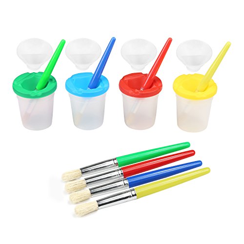 Farbbecher mit Verschüttschutz, BELLESTYLE 4 Farben Kein Spill Malbecher mit Deckel & 4 Stück Assorted Colored Children's Painting Pinsel von BelleStyle