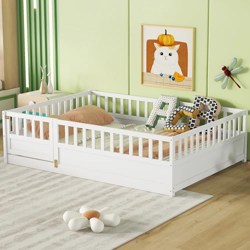 Bodenbett in voller Größe mit hohem Zaun und Tür, Montessori-Bodenbett, volle Größe, Montessori-Bett für Kinder, Mädchen, Jungen, Vollbodenbett ohne Lamellen (weißes Bodenbett, volle Größe) von Bellemave
