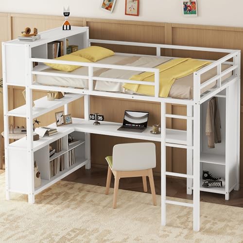 Hochbett in voller Größe mit Kleiderschrank und Aufbewahrungswürfeln, strapazierfähiges Hochbett mit Schreibtisch, Ablageregal und Leitplanke, Weiß von Bellemave