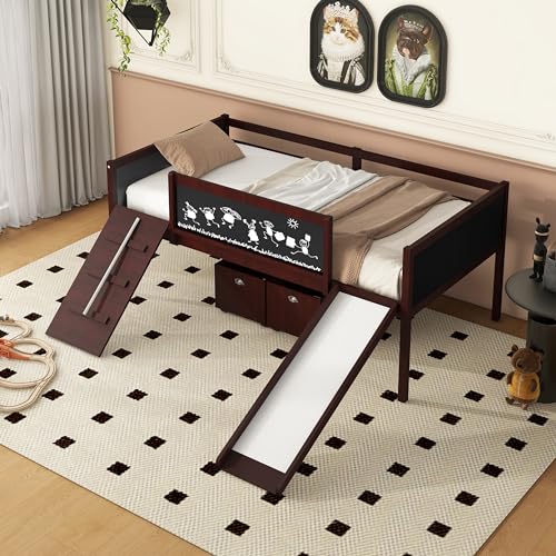 Niedriges Hochbett für Doppelbett, mit Rutsche und 2 Aufbewahrungsboxen, niedriges Hochbett für Kinder, mit Klettern und Kreidetafel, solides Hochbett für Jungen, Mädchen, Espresso von Bellemave