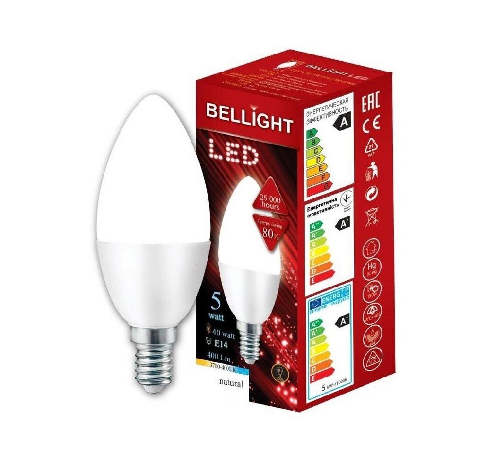 Bellight LED-Leuchtmittel LED E14 C35 Kerzenform 5W = 40W 230V 400lm 360° Neutralweiß 4000K, E14, Neutralweiß von Bellight