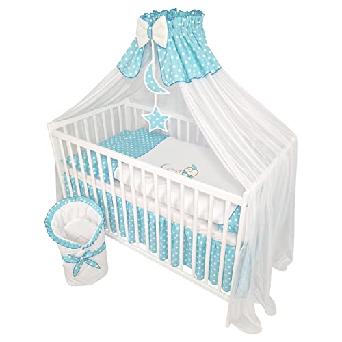 Bello24 - 11 Teiliges Kinderbettwäsche Babybettwäsche Komplettset ohne Bett Bestickt mit Teddybär auf dem Mond Azurblau (100x135 cm) von Bello24