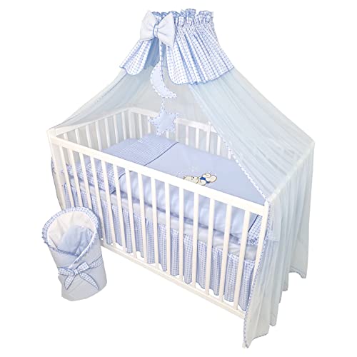 Bello24 - 11 Teiliges Kinderbettwäsche Babybettwäsche Komplettset ohne Bett Bestickt mit Teddybär auf dem Mond Blau (100x135 cm) von Bello24