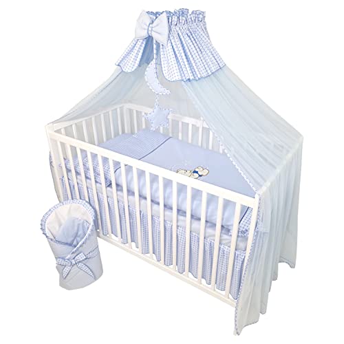 Bello24 - 11 Teiliges Kinderbettwäsche Babybettwäsche Komplettset ohne Bett Bestickt mit Teddybär auf dem Mond Blau (90x120 cm) von Bello24