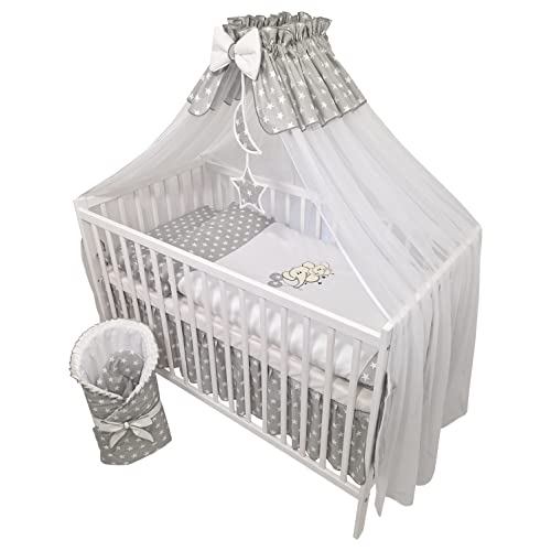 Bello24 - 13 Teiliges Babybett Kinderbett und Bettwäsche komplett Set Happy Leo inkl. Matratze höhenverstellbar für Neugeborene Babys und Kleinkinder aus Massivholz (Elefanten - Grau) von Bello24