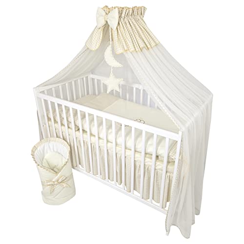 Bello24 - 13 Teiliges Babybett Kinderbett und Bettwäsche komplett Set Happy Leo inkl. Matratze höhenverstellbar für Neugeborene Babys und Kleinkinder aus Massivholz Bestickt (Teddybär Mond Hellbeige) von Bello24