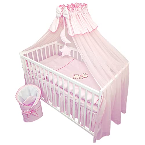 Bello24 - 13 Teiliges Babybett Kinderbett und Bettwäsche komplett Set Timmi inkl. Matratze höhenverstellbar für Neugeborene Babys und Kleinkinder aus Massivholz Bestickt (Teddybär Mond Rosa) von Bello24