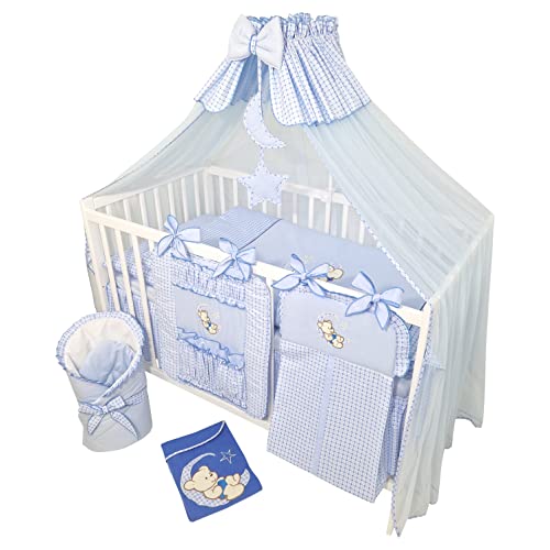 Bello24 - 14 Teiliges Kinderbettwäsche Babybettwäsche Komplettset ohne Bett Bestickt mit Teddybär auf dem Mond Blau (90x120 cm) von Bello24