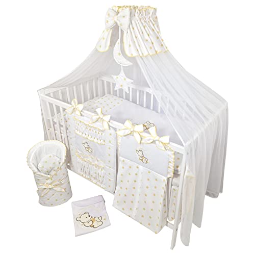 Bello24 - 16 Teiliges Babybett Kinderbett und Bettwäsche komplett Set Happy Leo inkl. Matratze höhenverstellbar für Neugeborene Babys und Kleinkinder (Teddybär Mond goldene Sternchen) von Bello24