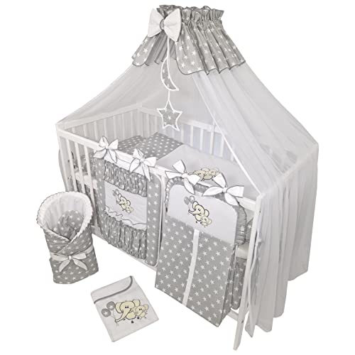 Bello24 - 16 Teiliges Babybett Kinderbett und Bettwäsche komplett Set Happy Leo inkl. Matratze höhenverstellbar für Neugeborene Babys und Kleinkinder aus Massivholz (Elefanten - Grau) von Bello24