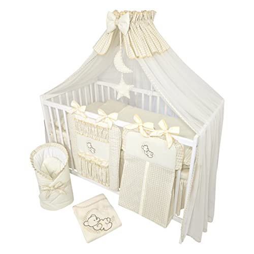 Bello24 - 16 Teiliges Babybett Kinderbett und Bettwäsche komplett Set Happy Leo inkl. Matratze höhenverstellbar für Neugeborene Babys und Kleinkinder aus Massivholz (Teddybär Mond Hellbeige) von Bello24