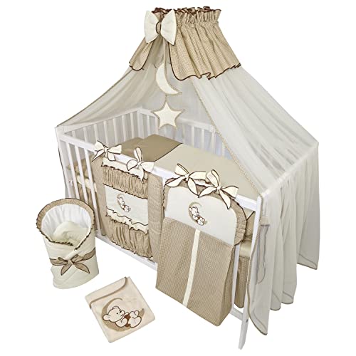 Bello24 - 16 Teiliges Babybett Kinderbett und Bettwäsche komplett Set Happy Leo inkl. Matratze höhenverstellbar für Neugeborene Babys und Kleinkinder aus Massivholz Teddybär Mond Dunkelbeige von Bello24