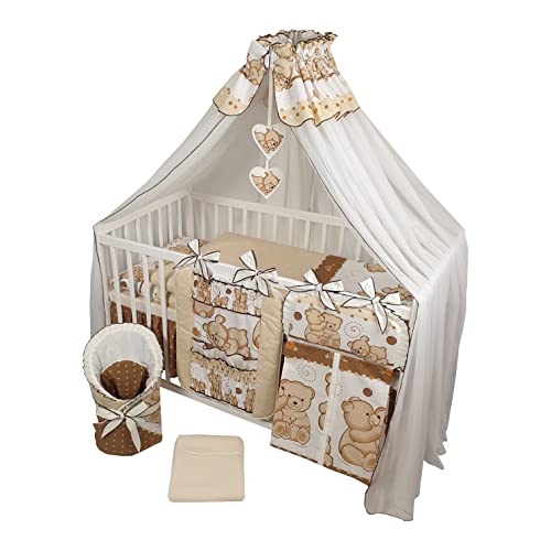 Bello24 - 16 Teiliges Babybett Kinderbett und Bettwäsche komplett Set Happy höhenverstellbar für Neugeborene Babys und Kleinkinder aus Massivholz in fantastischen Farben (Beige Knuddelbären) von Bello24